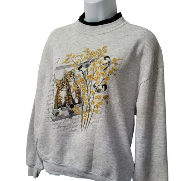 Vtg 90s Kitty Cat Double Crewneck Sweatshirt Medium Grandma Core Cats Birds USA - Picture 13 of 15